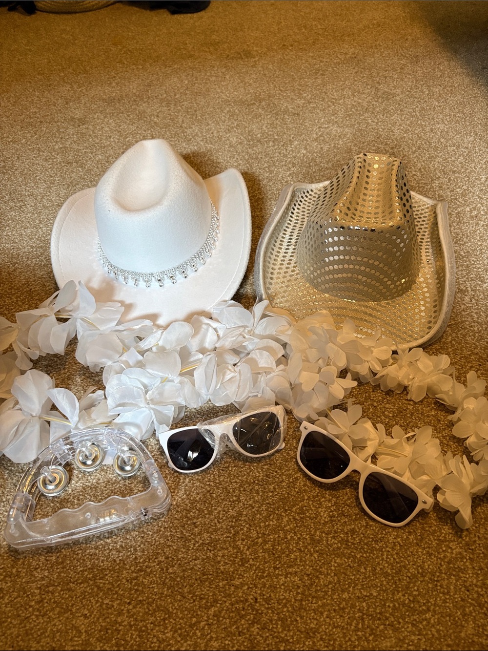White Sequin Cowboy Hats with White Accessories